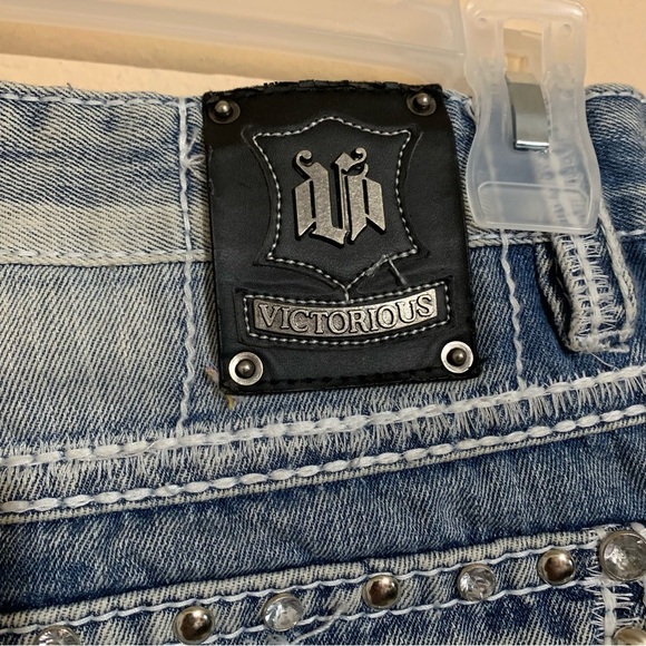 Victorious Mens Jeans 34x32 Distressed Blue Baggy Hip Hop Skater Y2K Studded - Picture 5 of 7